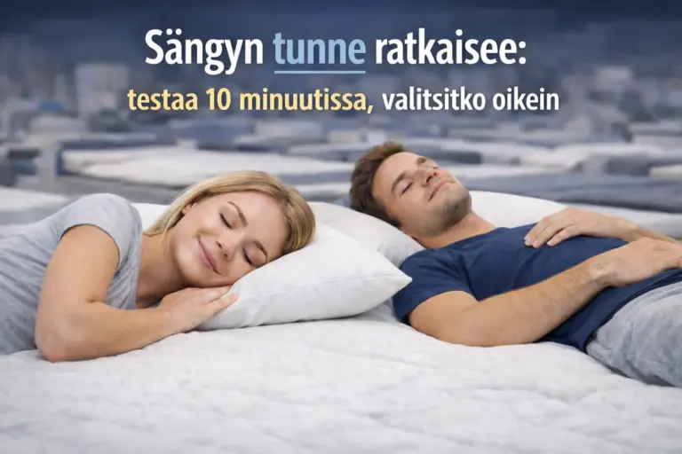 Pariskunta testaa sängyn tuntumaa myymälässä kylkimakuulla